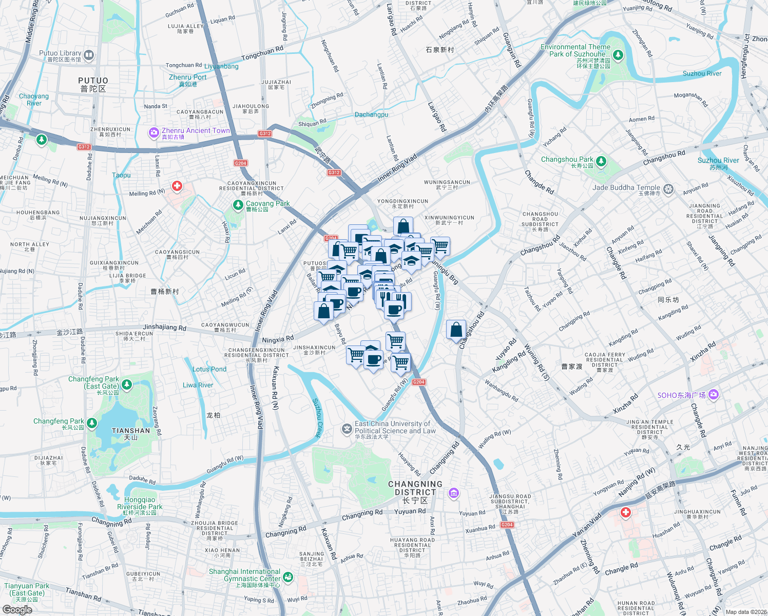 map of restaurants, bars, coffee shops, grocery stores, and more near in Shanghai