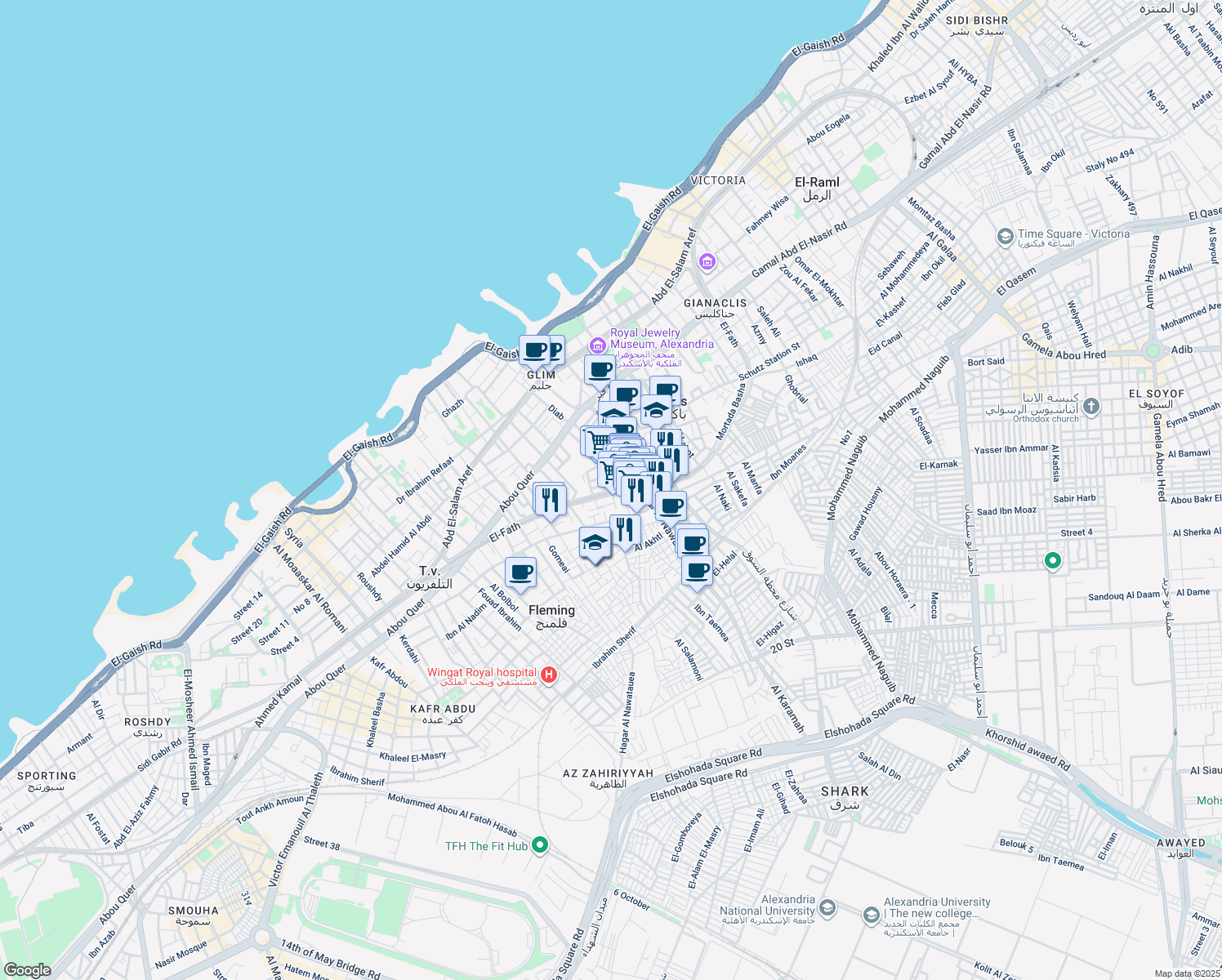 map of restaurants, bars, coffee shops, grocery stores, and more near in El Raml 1