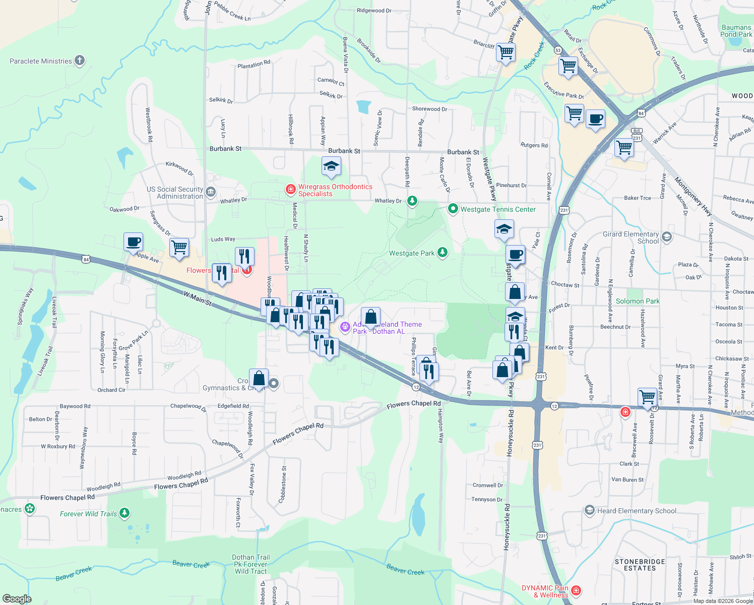 map of restaurants, bars, coffee shops, grocery stores, and more near 116 Cottage Ct in Dothan