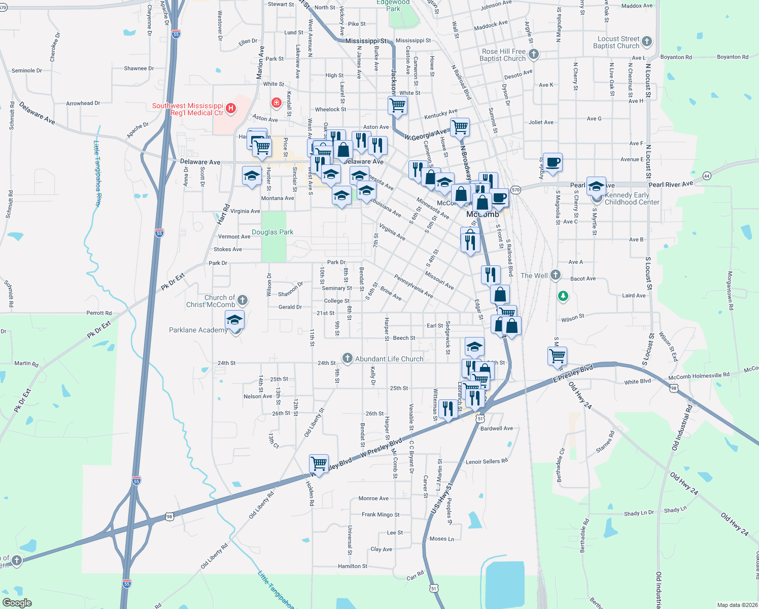 map of restaurants, bars, coffee shops, grocery stores, and more near 724 S 5th St in McComb