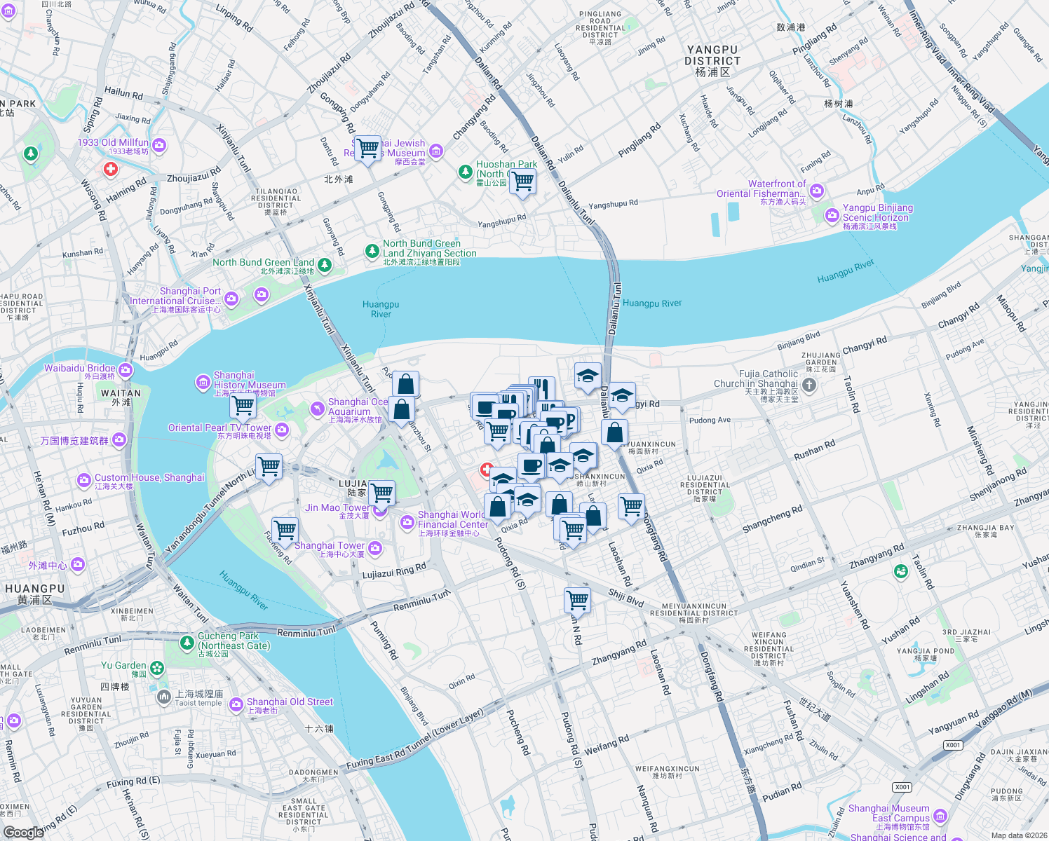 map of restaurants, bars, coffee shops, grocery stores, and more near 94号 Changyi Road in Shanghai