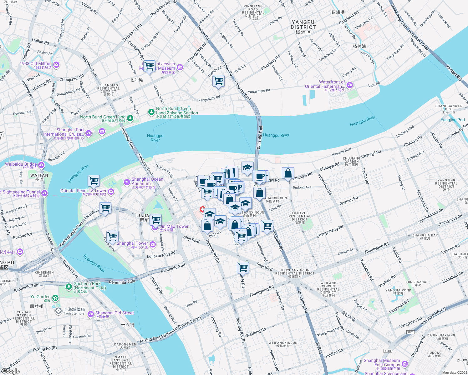 map of restaurants, bars, coffee shops, grocery stores, and more near in Shanghai