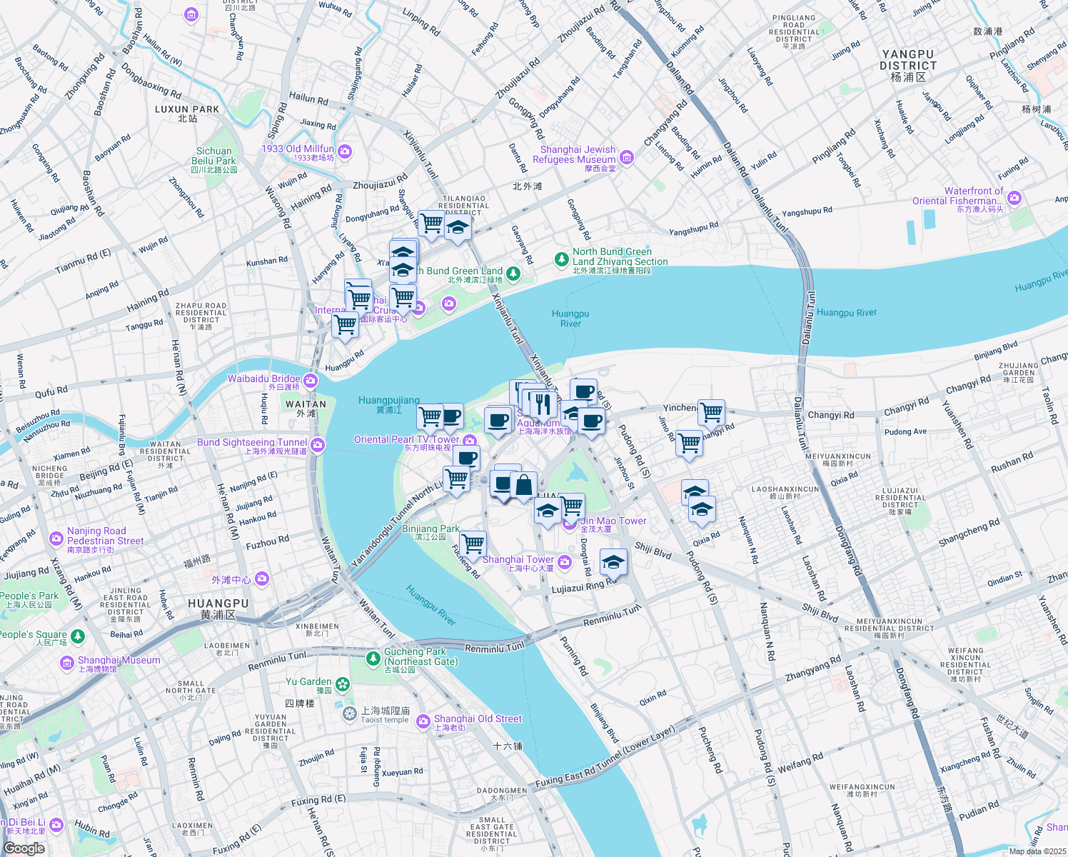 map of restaurants, bars, coffee shops, grocery stores, and more near 1233 Lu Jia Zui Huan Lu in Shanghai