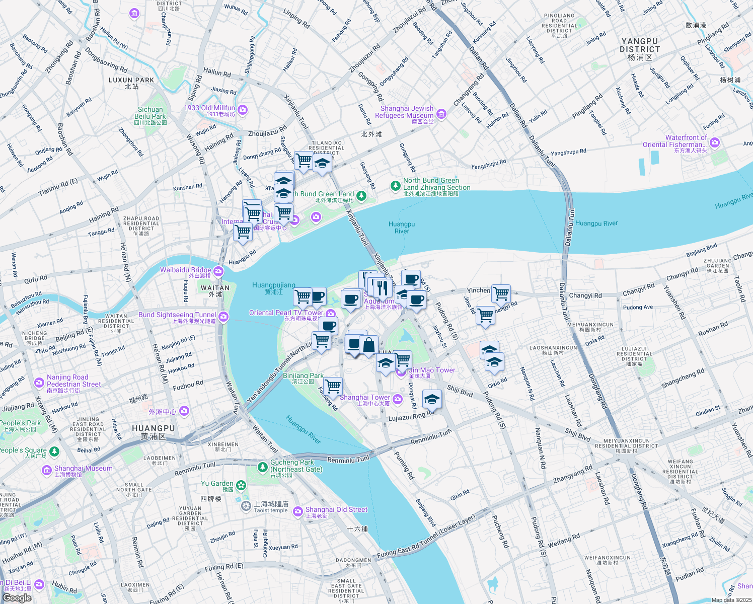 map of restaurants, bars, coffee shops, grocery stores, and more near 1233 Lu Jia Zui Huan Lu in Shanghai