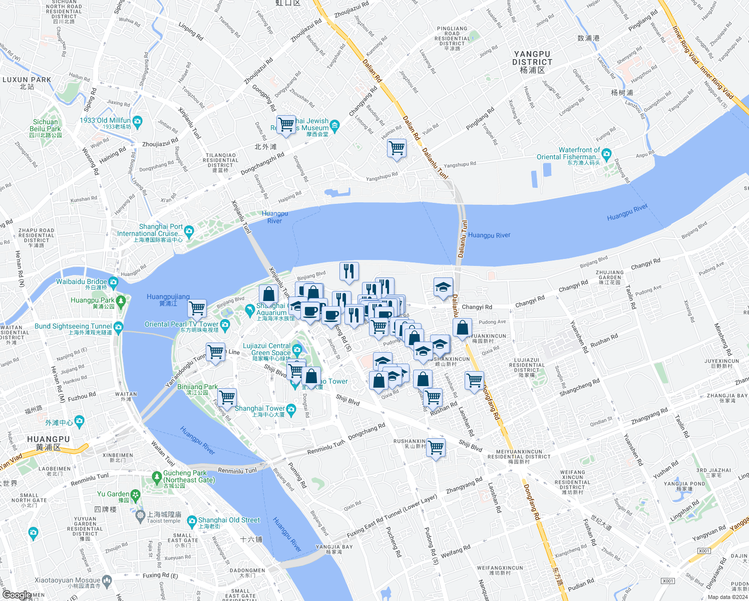 map of restaurants, bars, coffee shops, grocery stores, and more near Yincheng Road in Shanghai