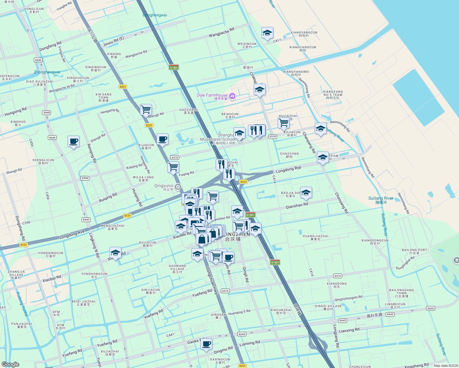 map of restaurants, bars, coffee shops, grocery stores, and more near G1501 Shanghai Ring Expressway in Shanghai