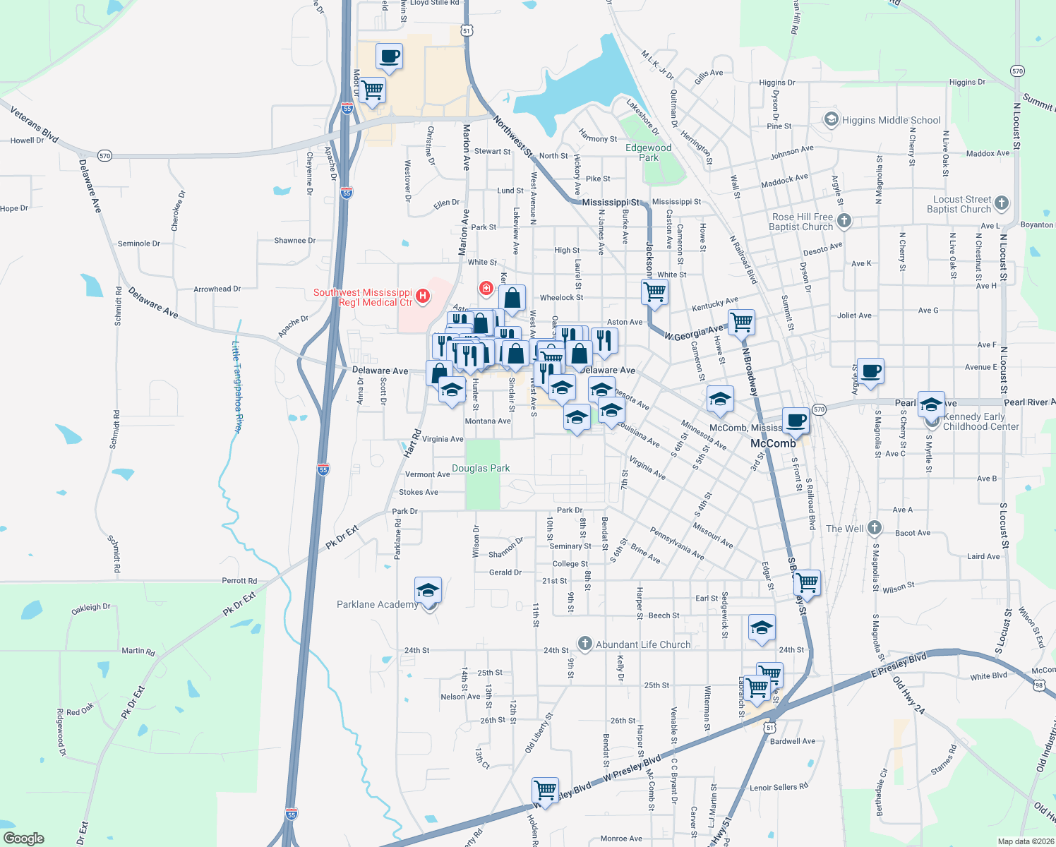 map of restaurants, bars, coffee shops, grocery stores, and more near 228 West Ave South in McComb