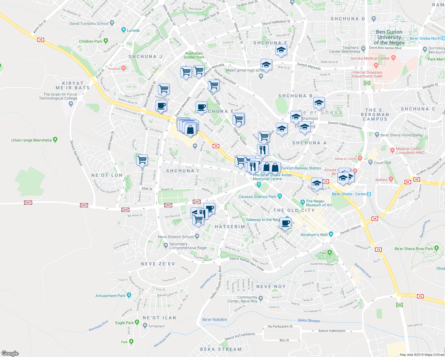 map of restaurants, bars, coffee shops, grocery stores, and more near 39 Yerikho Street in Be'er Sheva