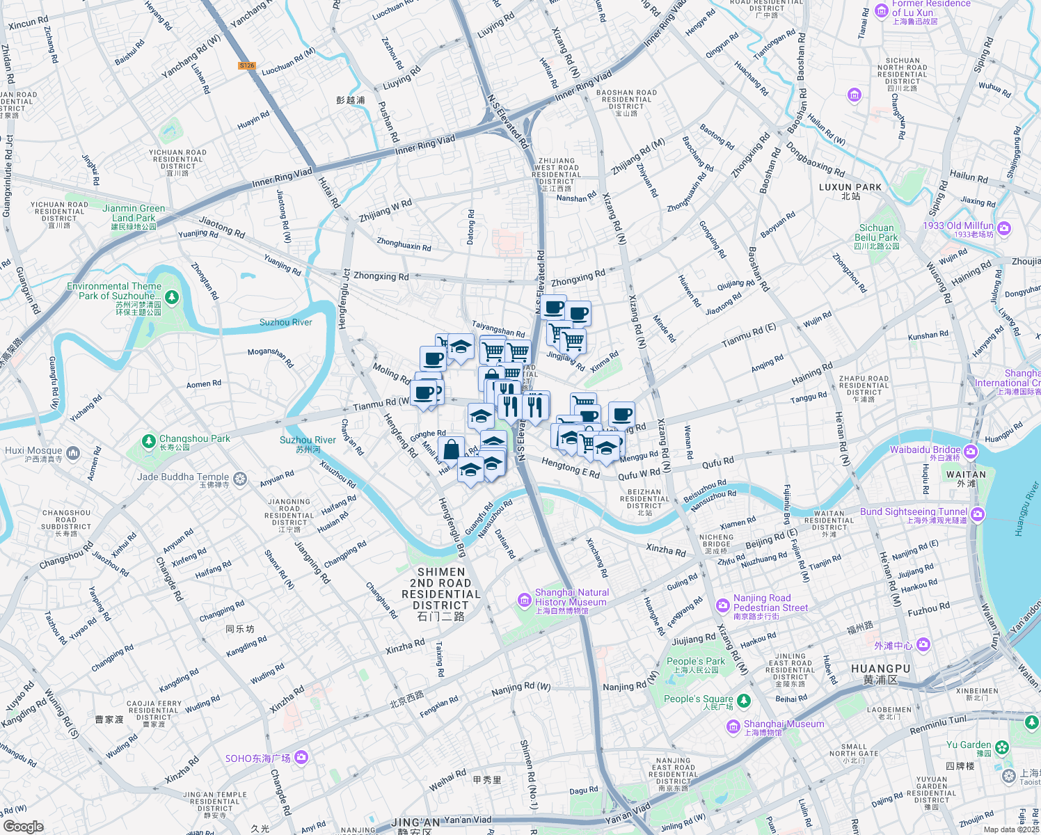 map of restaurants, bars, coffee shops, grocery stores, and more near Tianmu Middle Road in Shanghai