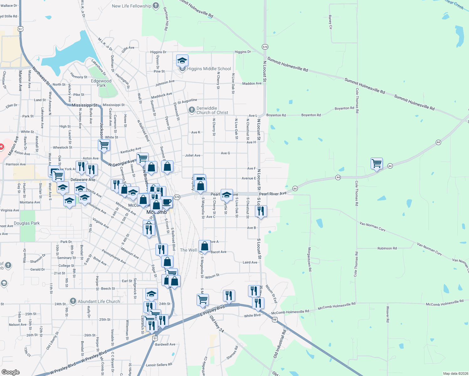 map of restaurants, bars, coffee shops, grocery stores, and more near 109 North Live Oak Street in McComb