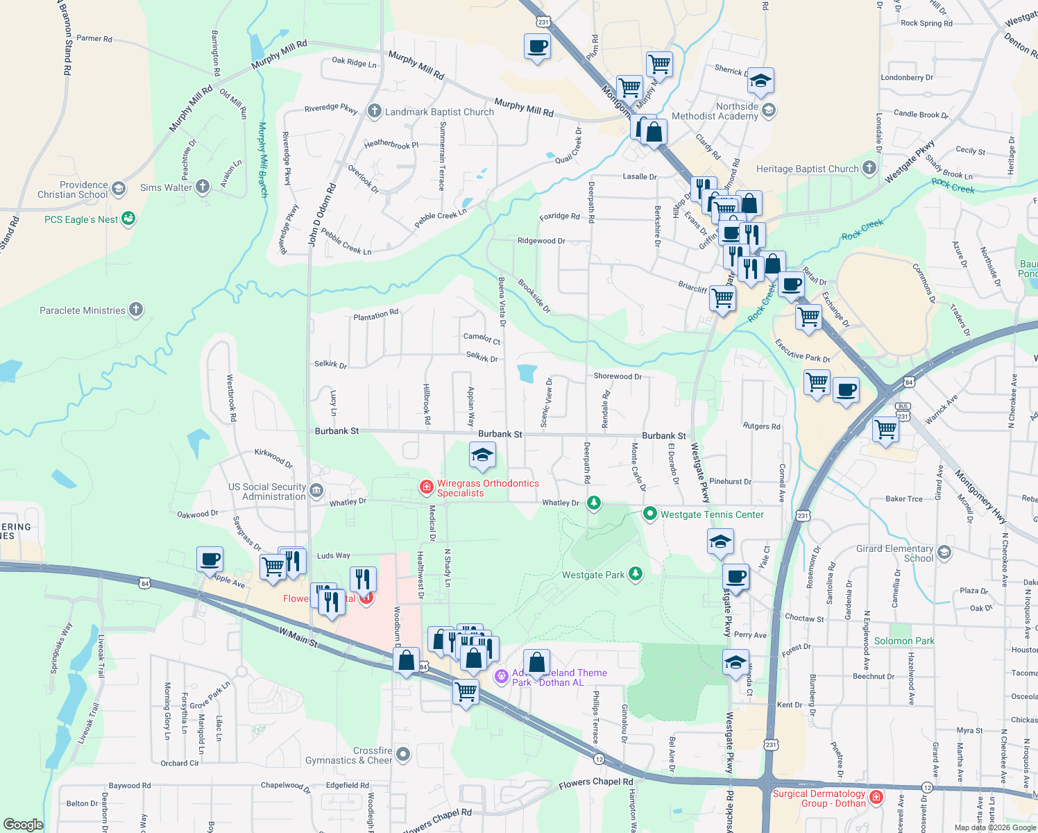 map of restaurants, bars, coffee shops, grocery stores, and more near 1205 Rampart Dr in Dothan