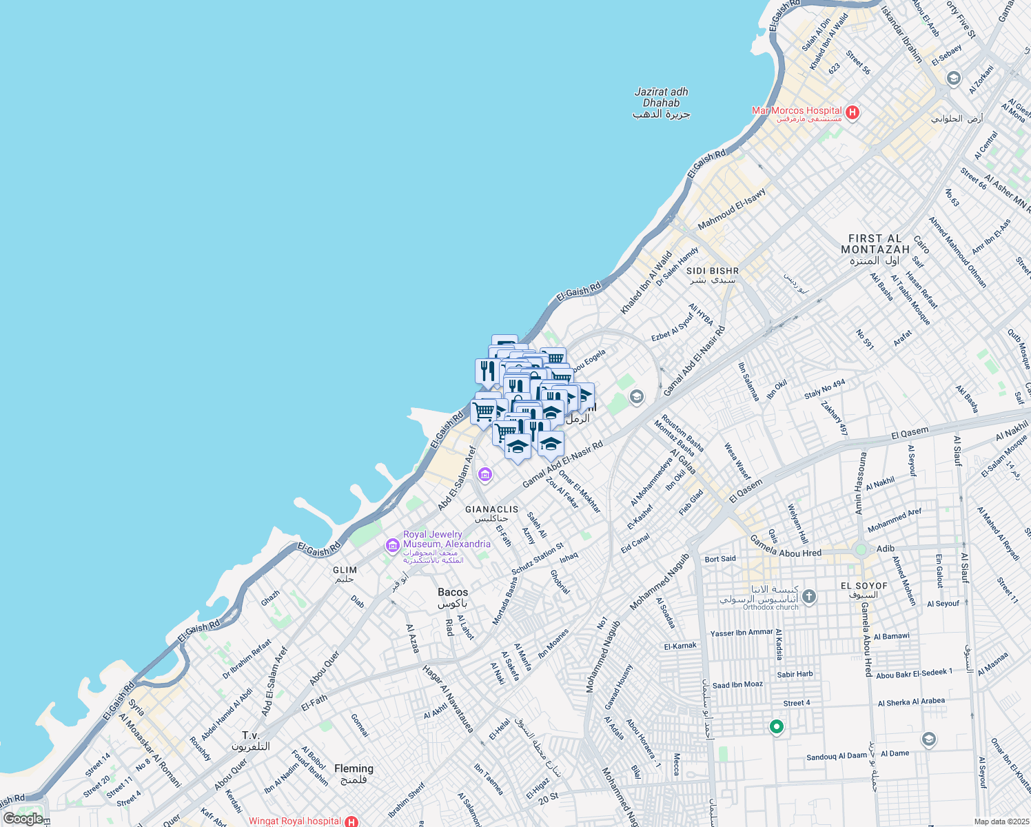 map of restaurants, bars, coffee shops, grocery stores, and more near in قسم أول الرمل