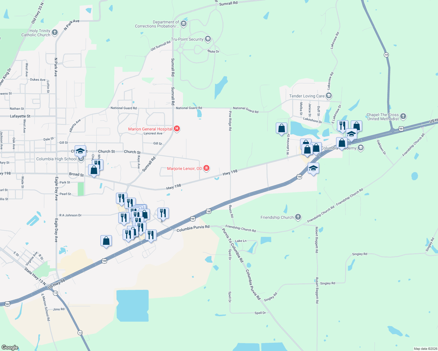 map of restaurants, bars, coffee shops, grocery stores, and more near 10 Old Highway 98 East in Columbia