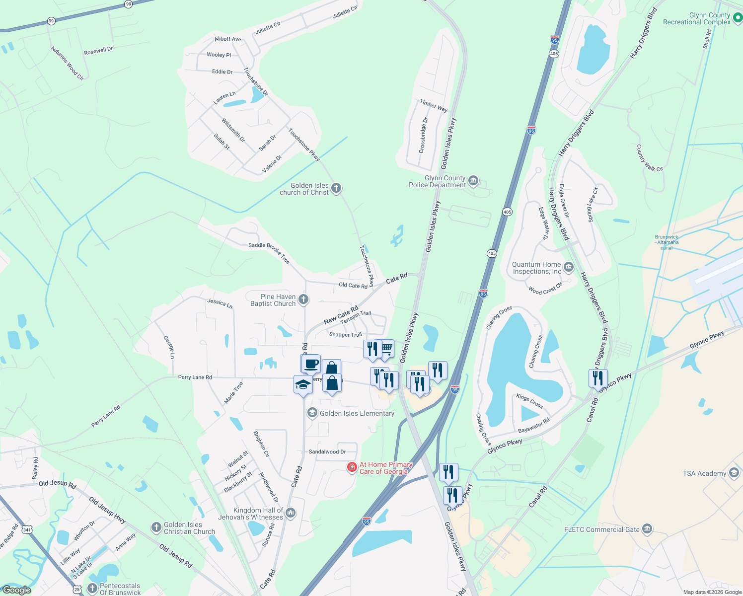 map of restaurants, bars, coffee shops, grocery stores, and more near 1652 Cate Rd in Brunswick