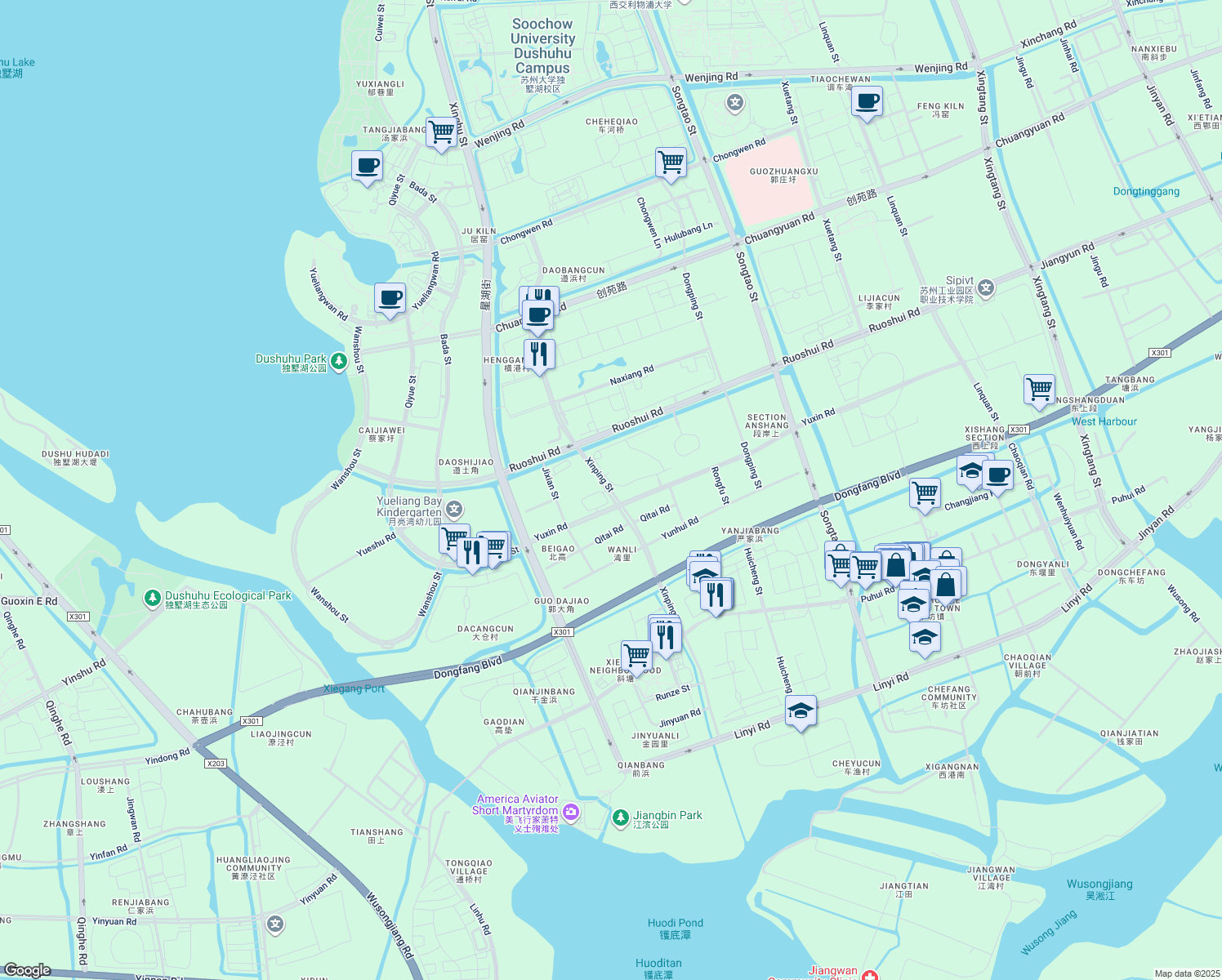 map of restaurants, bars, coffee shops, grocery stores, and more near Xin Ping Jie in Su Zhou Shi
