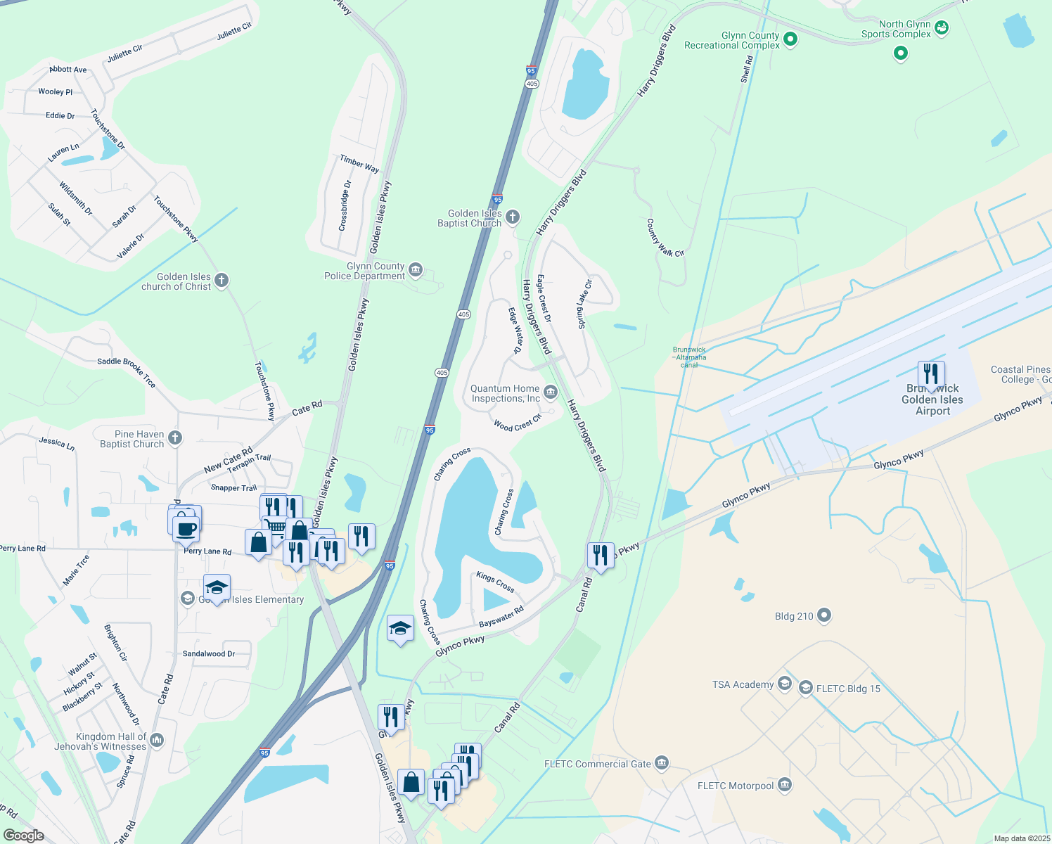 map of restaurants, bars, coffee shops, grocery stores, and more near 152 Wood Crest Cir in Brunswick