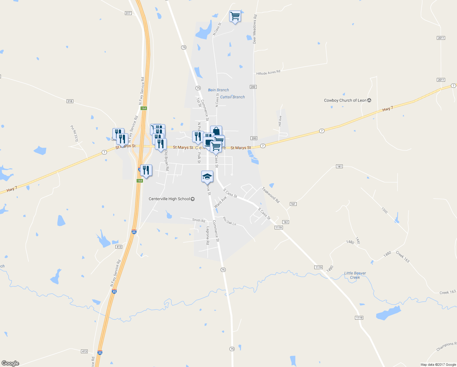 map of restaurants, bars, coffee shops, grocery stores, and more near 818 North Cass Street in Centerville