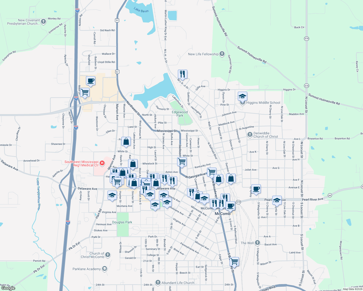 map of restaurants, bars, coffee shops, grocery stores, and more near 600 Jackson Ave in McComb
