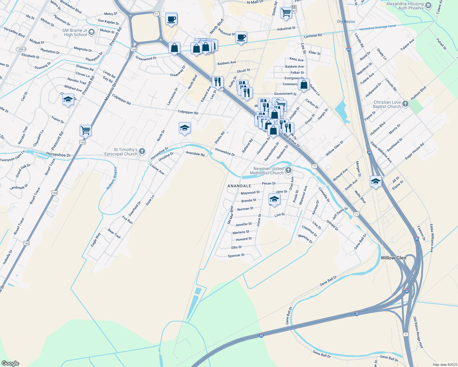 map of restaurants, bars, coffee shops, grocery stores, and more near 3716 Carl Road in Alexandria