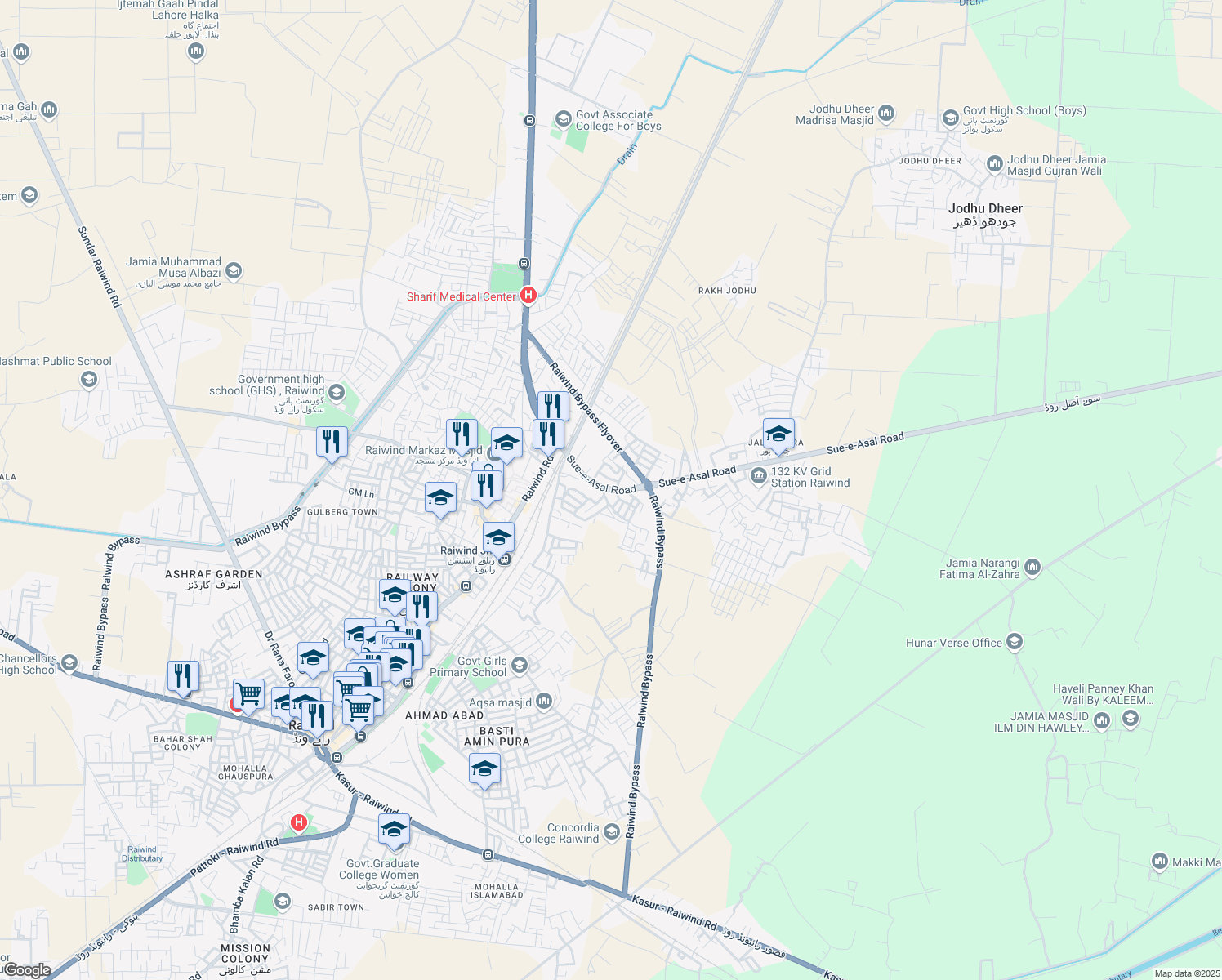 map of restaurants, bars, coffee shops, grocery stores, and more near Sue-e-Asal Road in Raiwind