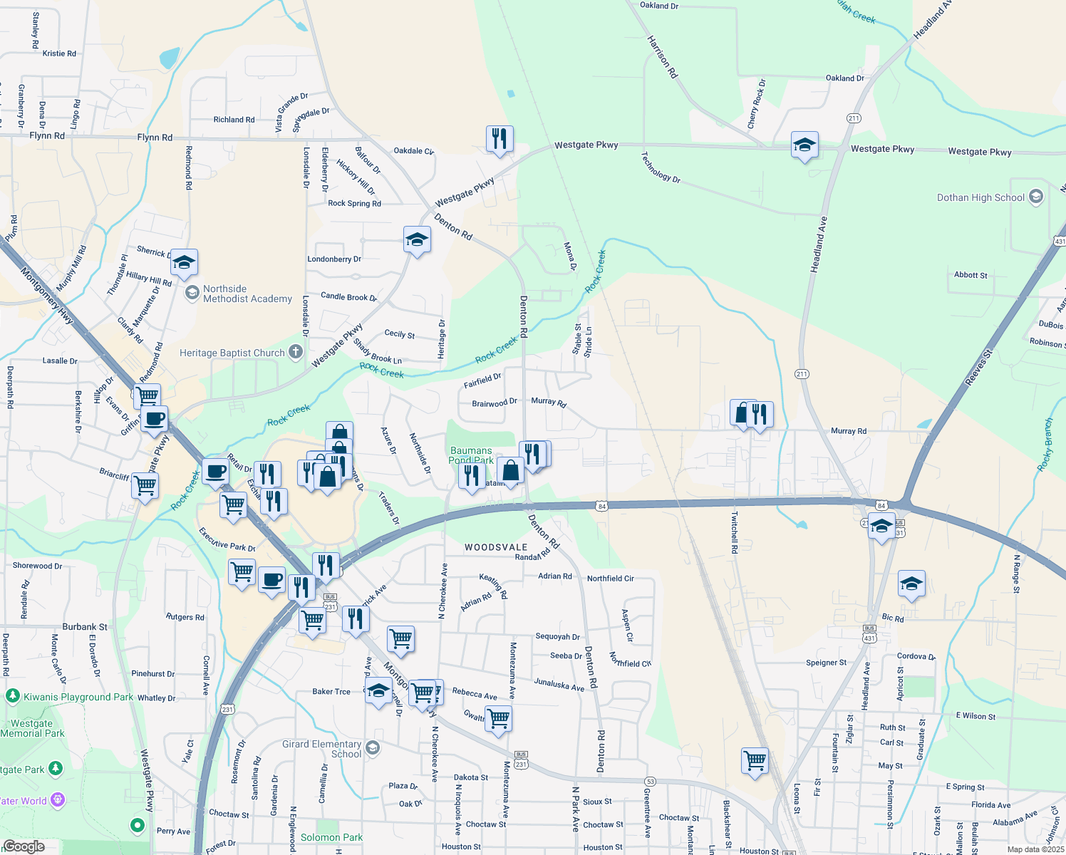 map of restaurants, bars, coffee shops, grocery stores, and more near 2232 Denton Road in Dothan