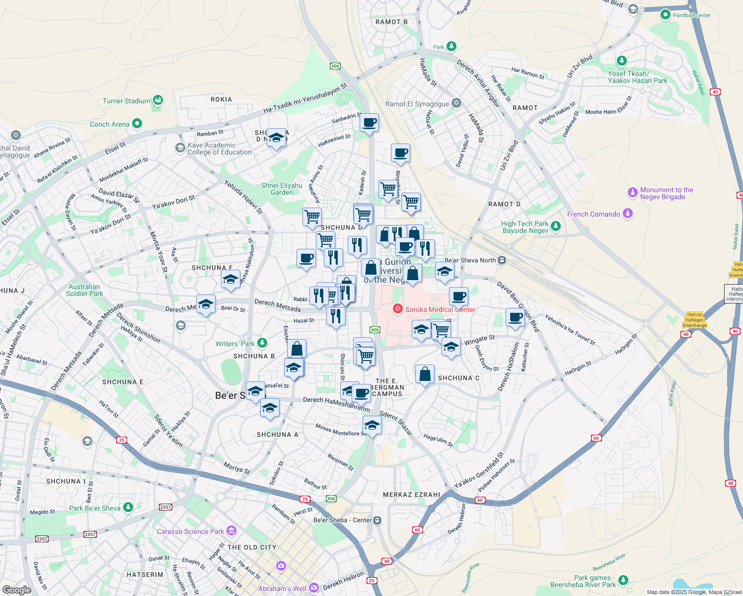 map of restaurants, bars, coffee shops, grocery stores, and more near Yitzhack I. Rager Boulevard in Be'er Sheva