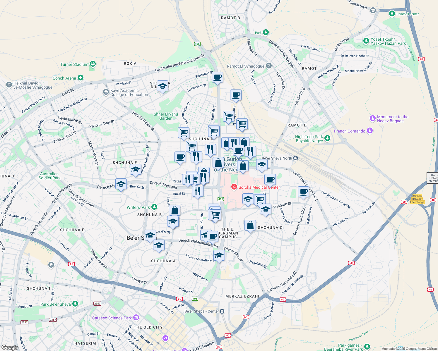map of restaurants, bars, coffee shops, grocery stores, and more near Yitzhack I. Rager Boulevard in Be'er Sheva