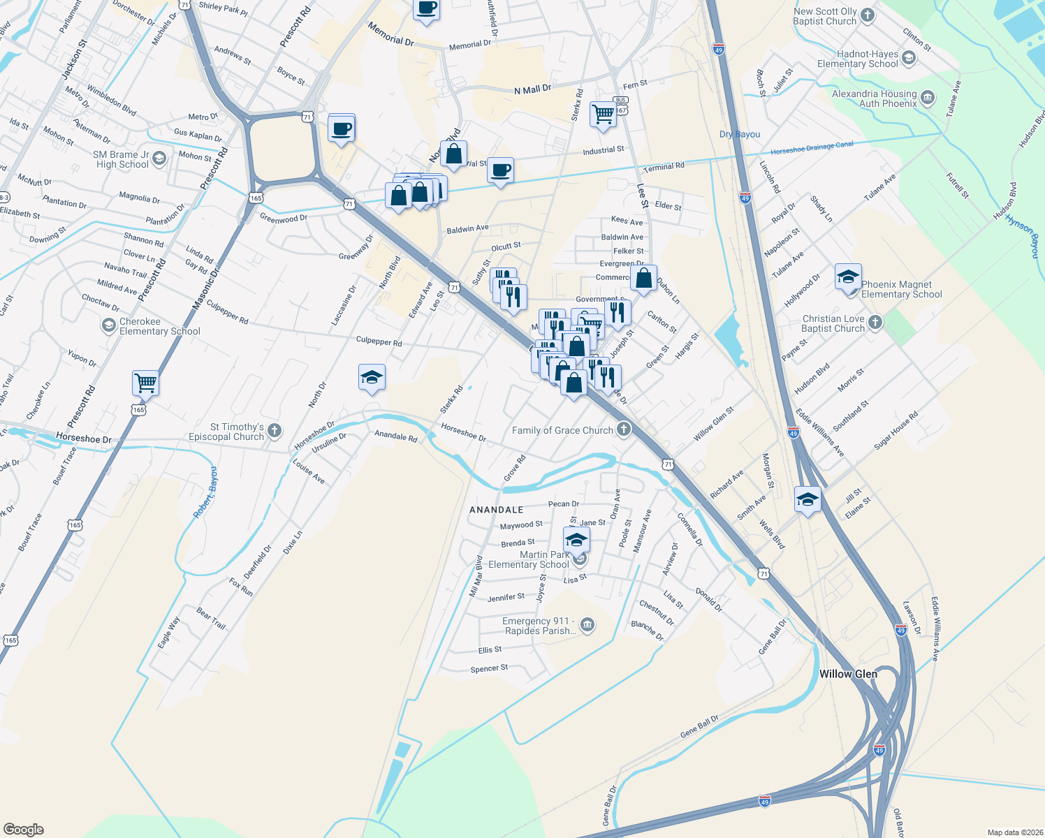 map of restaurants, bars, coffee shops, grocery stores, and more near 5323 Rutland Road in Alexandria