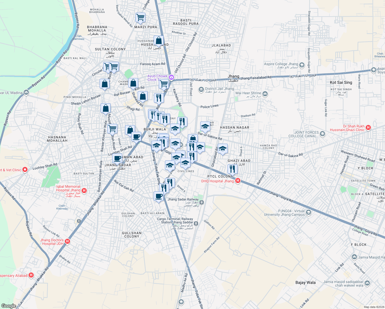 map of restaurants, bars, coffee shops, grocery stores, and more near Civil Lines S.S.P Road in Jhang