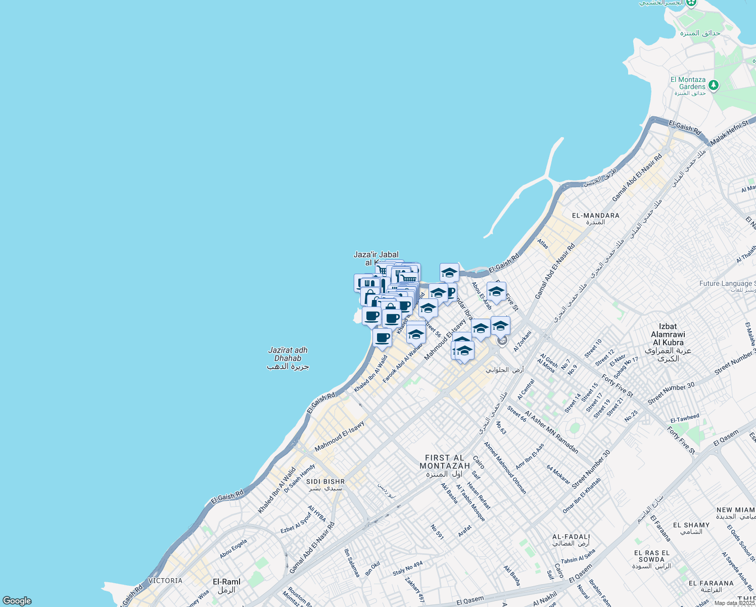 map of restaurants, bars, coffee shops, grocery stores, and more near 5 Mohammed Awad Gebreel in Montaza 1