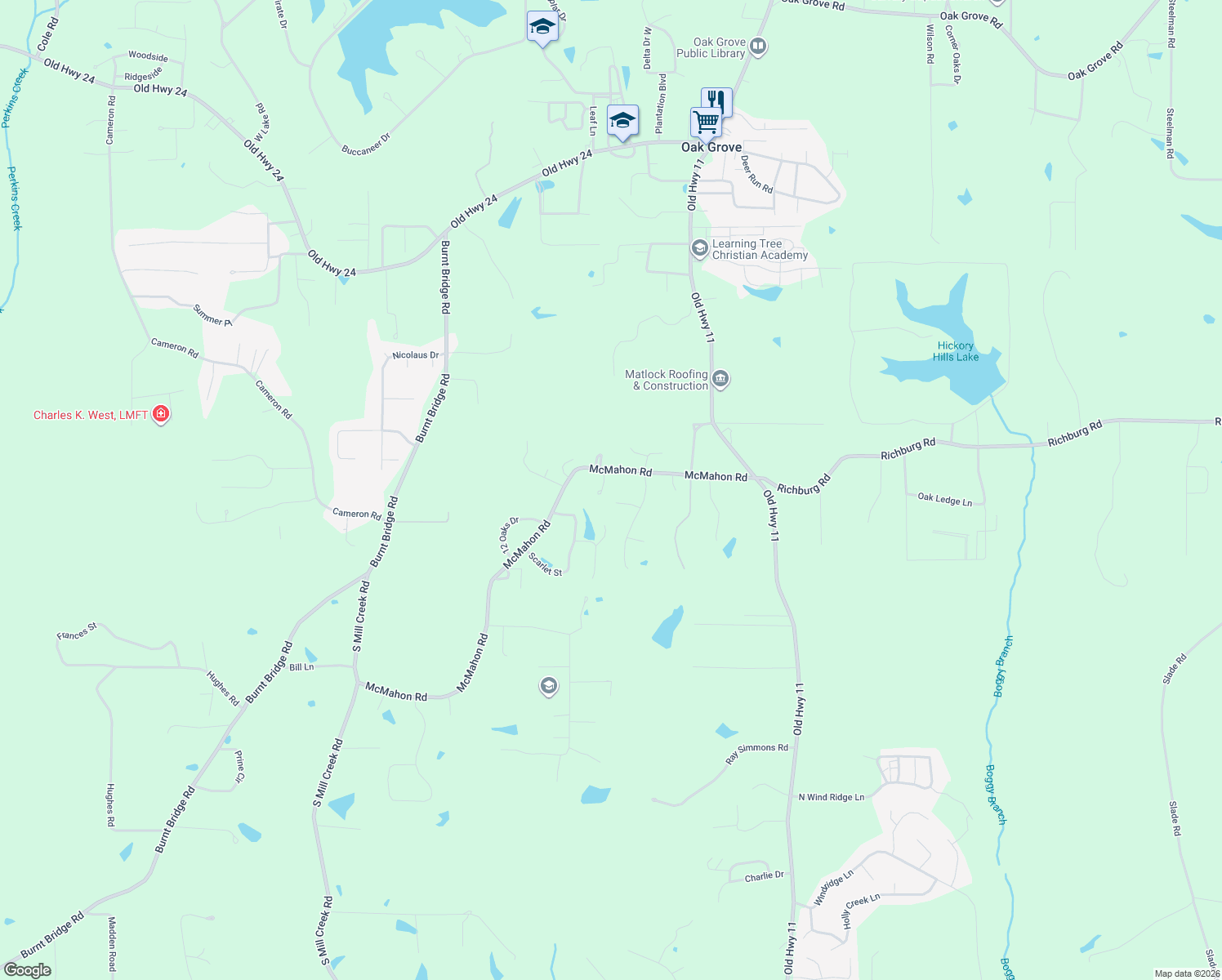map of restaurants, bars, coffee shops, grocery stores, and more near 26 Wyatt Circle in Purvis