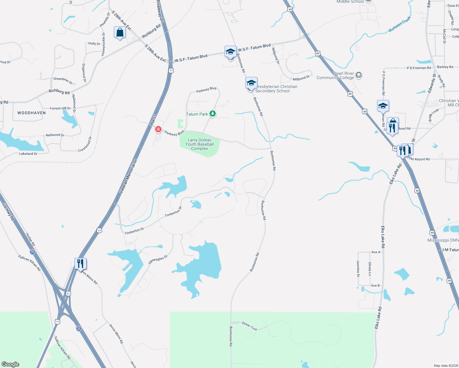 map of restaurants, bars, coffee shops, grocery stores, and more near 254 Timberton Drive in Hattiesburg