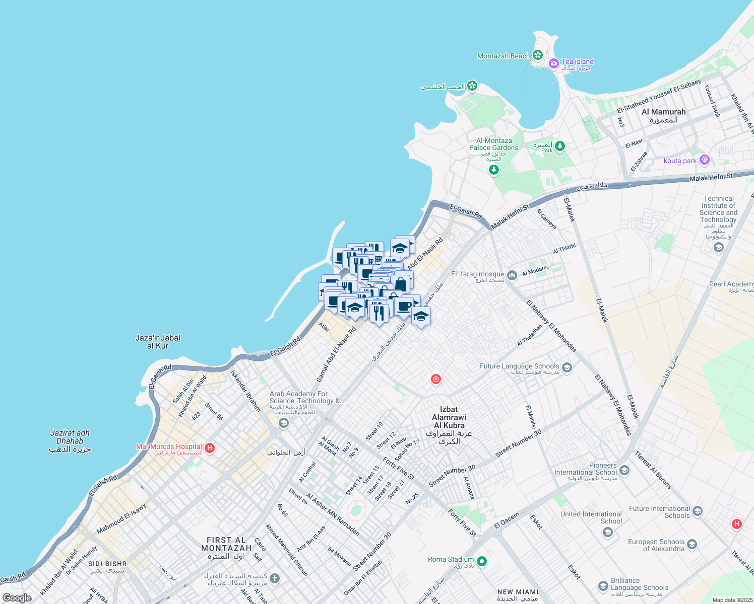 map of restaurants, bars, coffee shops, grocery stores, and more near in Montaza 2
