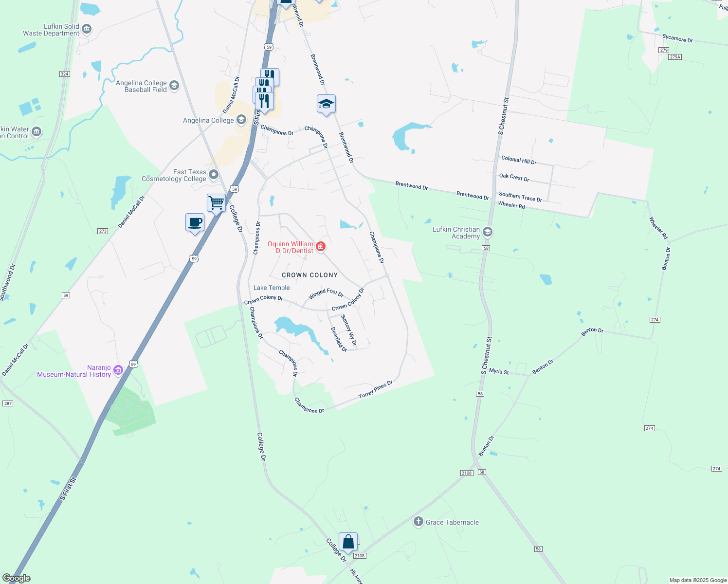 map of restaurants, bars, coffee shops, grocery stores, and more near 736 Crown Colony Drive in Lufkin