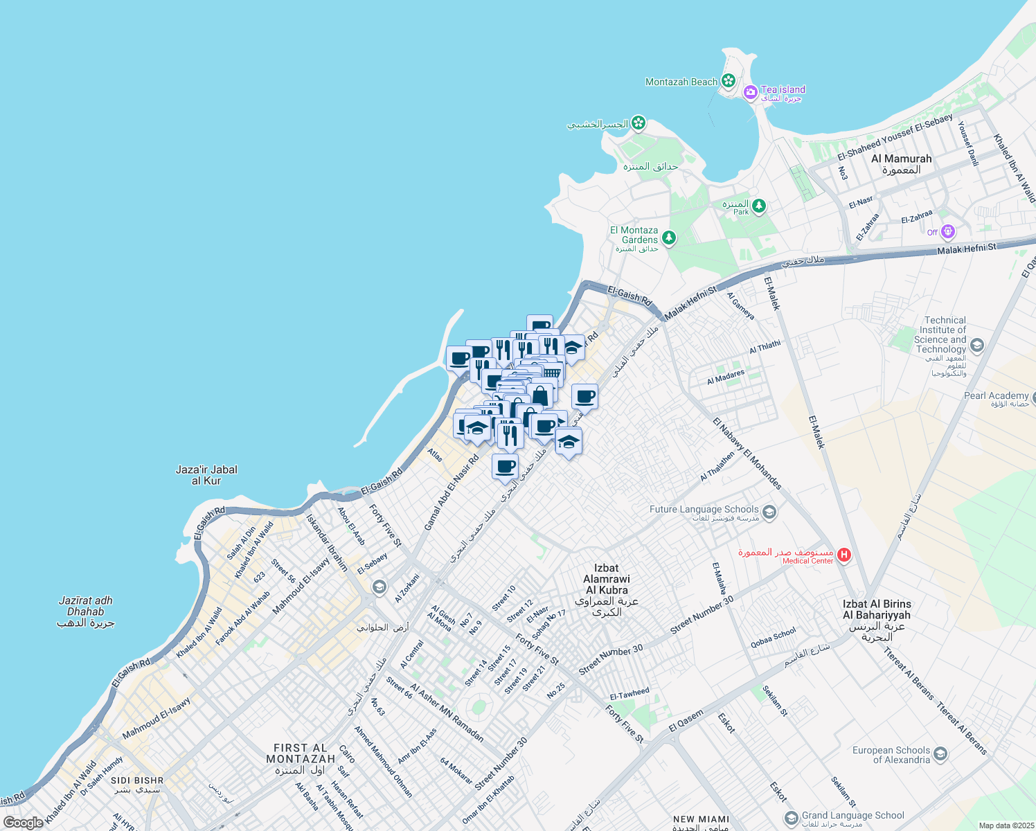 map of restaurants, bars, coffee shops, grocery stores, and more near in Montaza 2
