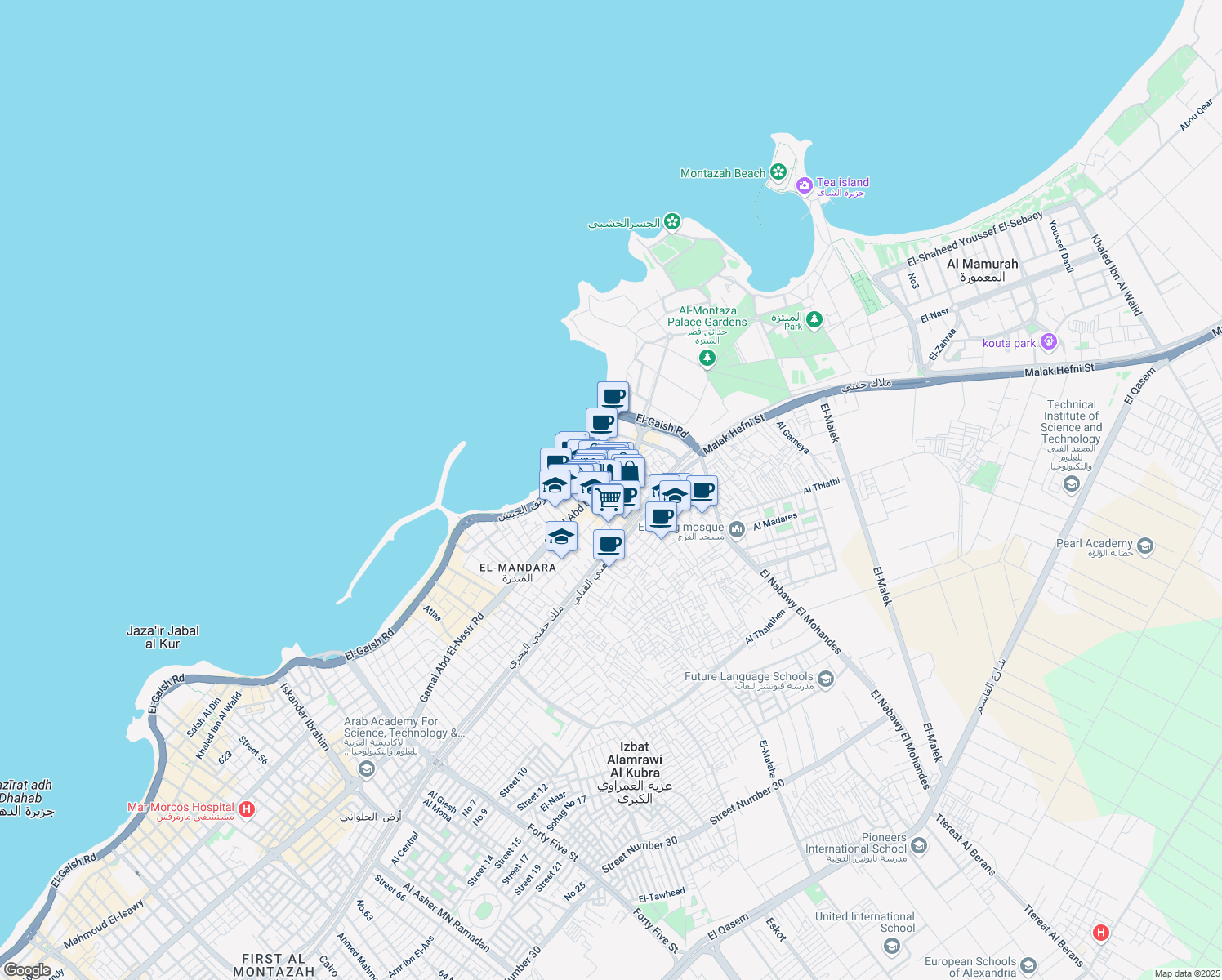 map of restaurants, bars, coffee shops, grocery stores, and more near 243 ش جمال عبد الناصر in Montaza 2