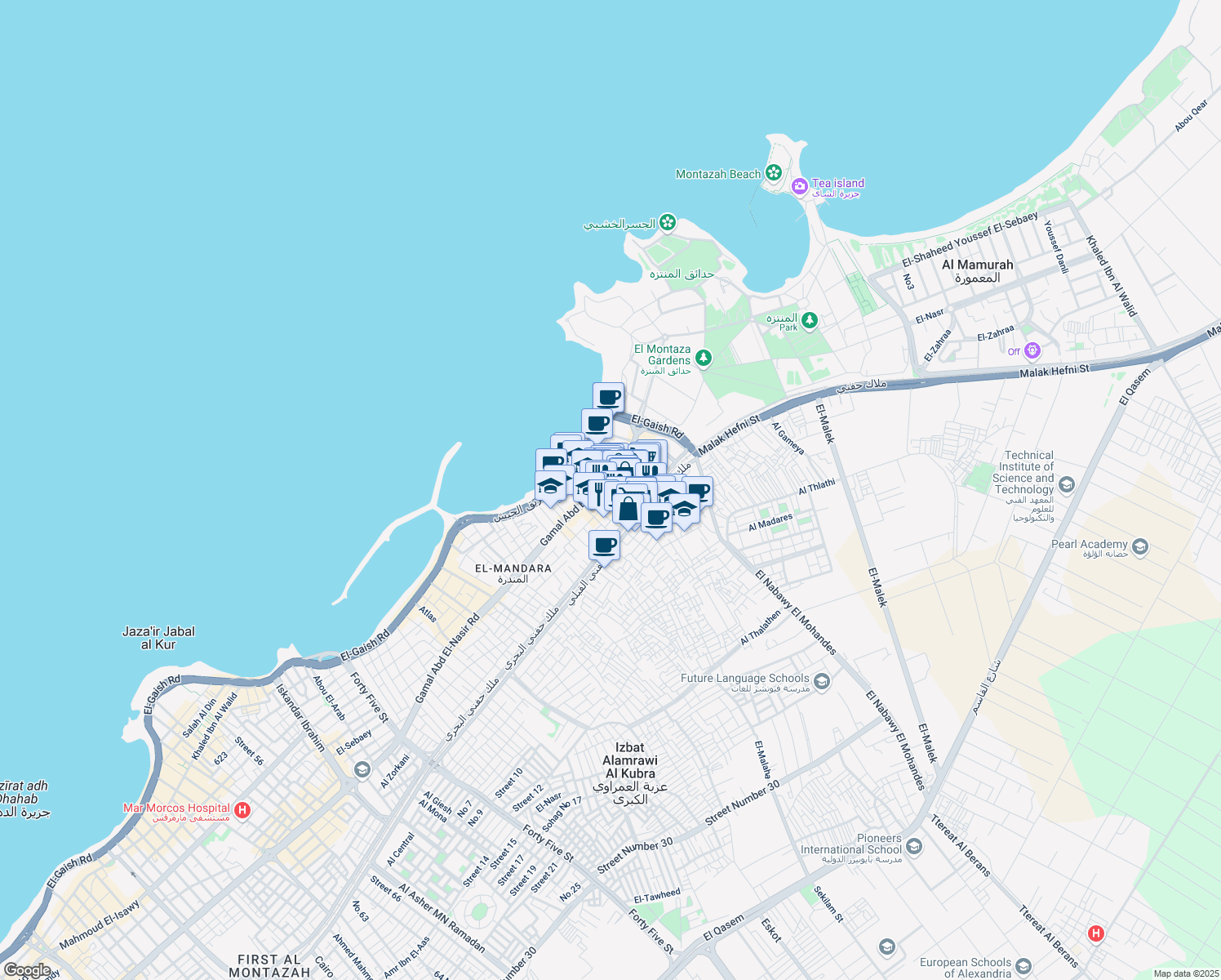 map of restaurants, bars, coffee shops, grocery stores, and more near 243 ش جمال عبد الناصر in Montaza 2