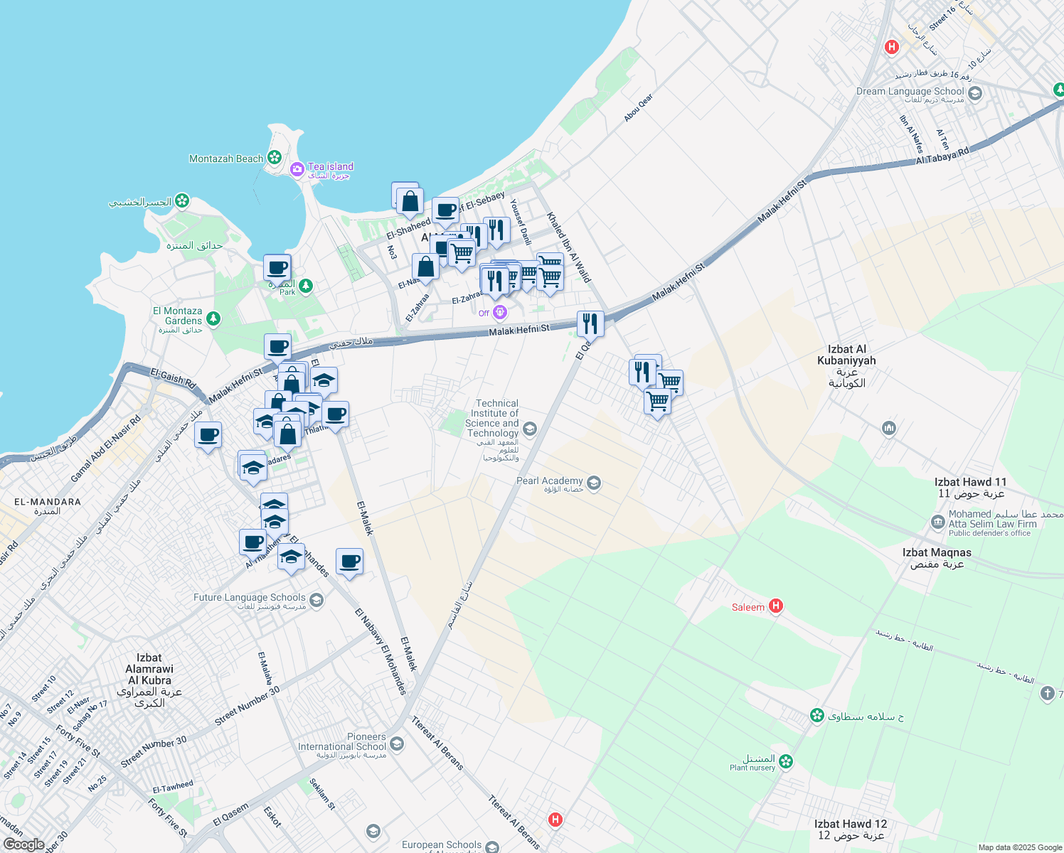 map of restaurants, bars, coffee shops, grocery stores, and more near شارع القاسم in Third Al Montazah