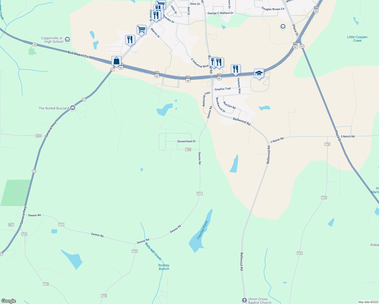 map of restaurants, bars, coffee shops, grocery stores, and more near 94 County Road 744 in Enterprise
