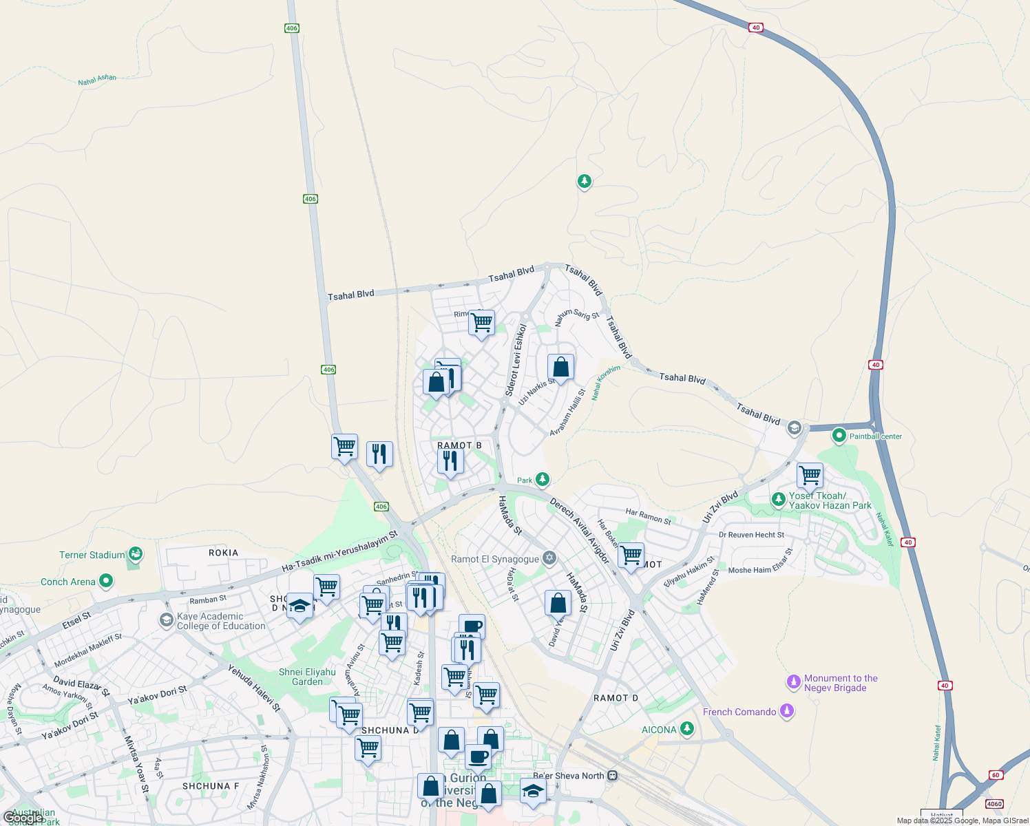 map of restaurants, bars, coffee shops, grocery stores, and more near 57 Nakhum Goldman Street in Be'er Sheva