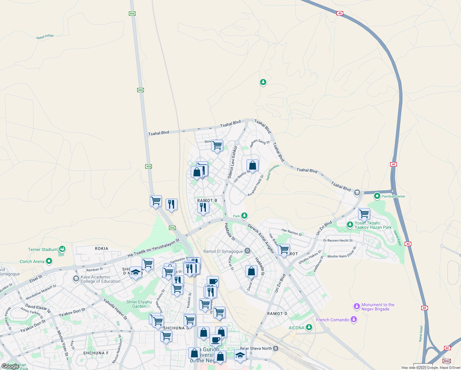 map of restaurants, bars, coffee shops, grocery stores, and more near 57 Nakhum Goldman Street in Be'er Sheva