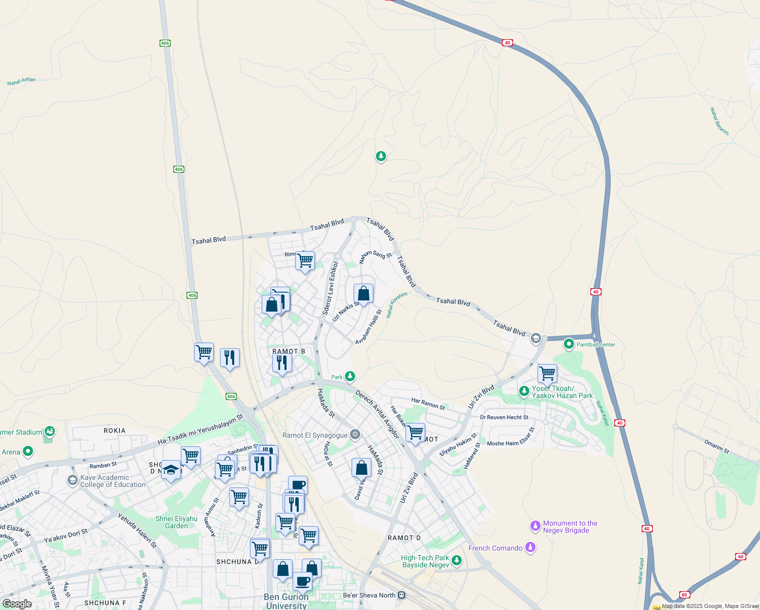 map of restaurants, bars, coffee shops, grocery stores, and more near 20 Avraham Halili Street in Be'er Sheva