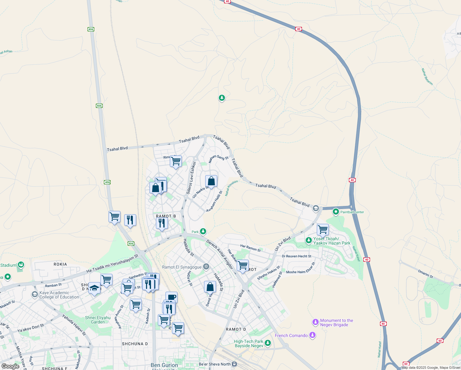 map of restaurants, bars, coffee shops, grocery stores, and more near 13 Avraham Halili Street in Be'er Sheva