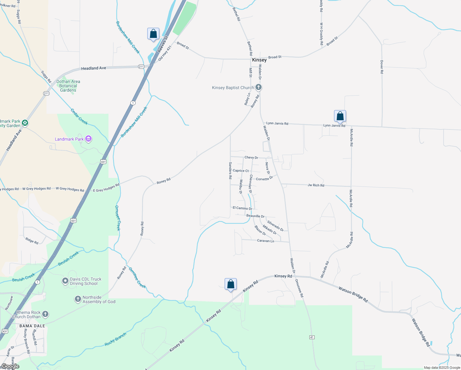 map of restaurants, bars, coffee shops, grocery stores, and more near 185 Sanders Road in Kinsey