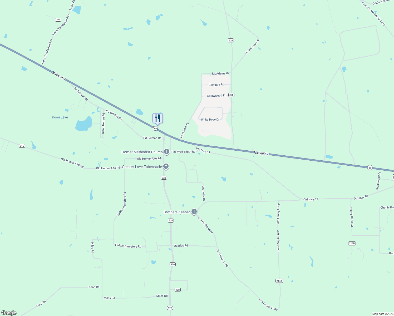 map of restaurants, bars, coffee shops, grocery stores, and more near 500 Pee Wee Smith Road in Lufkin