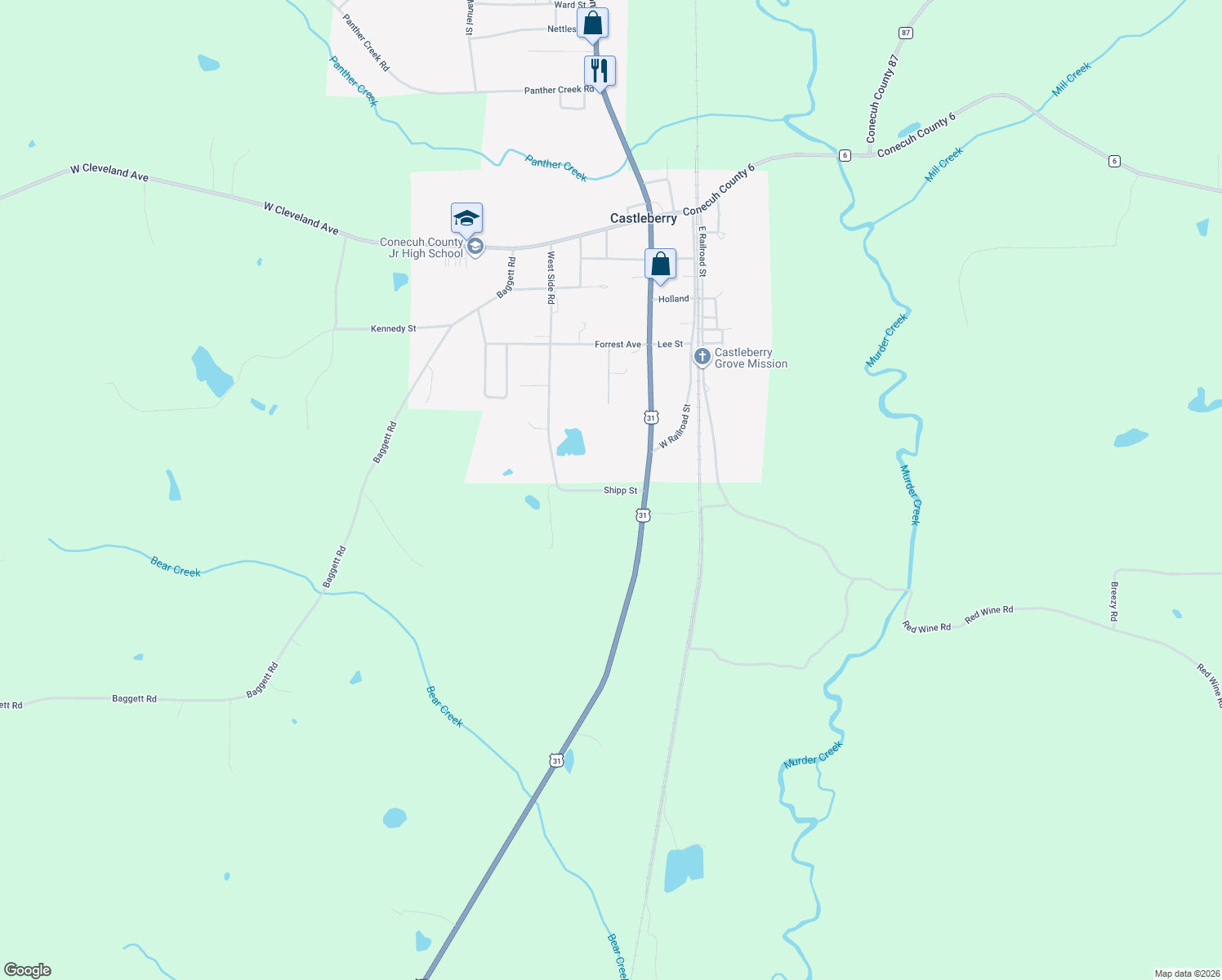 map of restaurants, bars, coffee shops, grocery stores, and more near Shipp Street in Castleberry