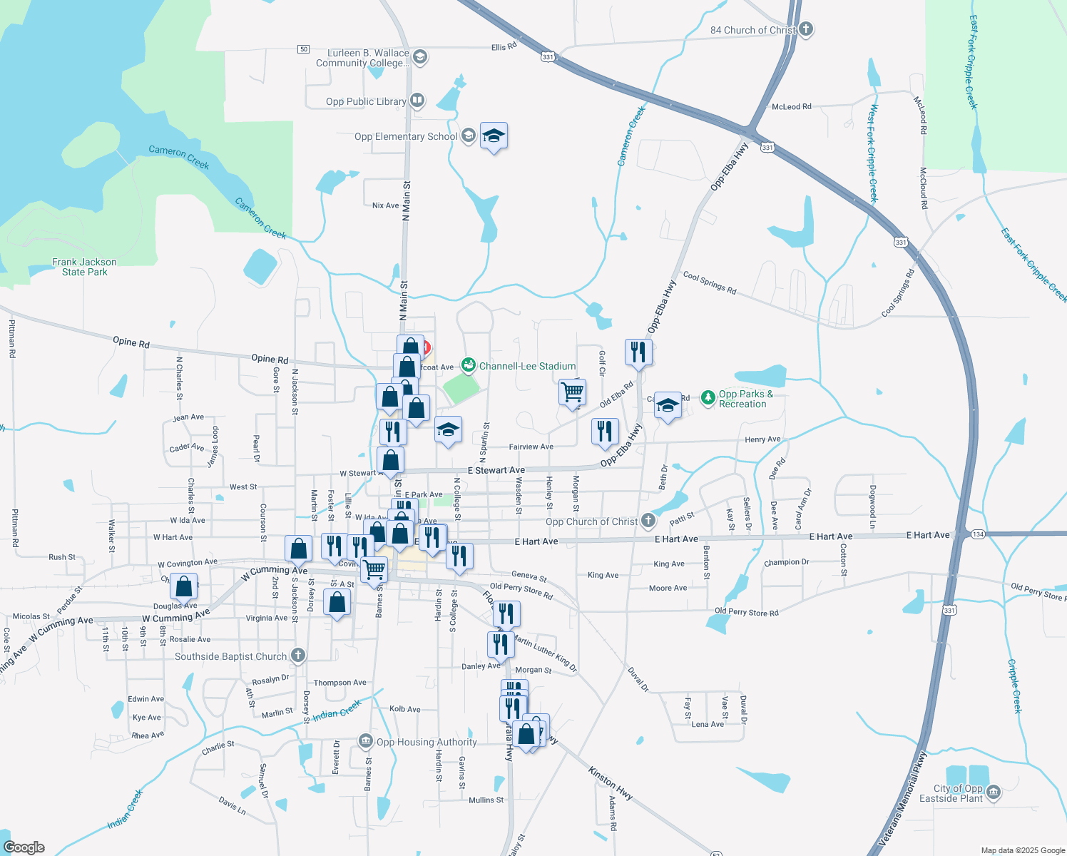 map of restaurants, bars, coffee shops, grocery stores, and more near 128 Georgia Cir in Opp