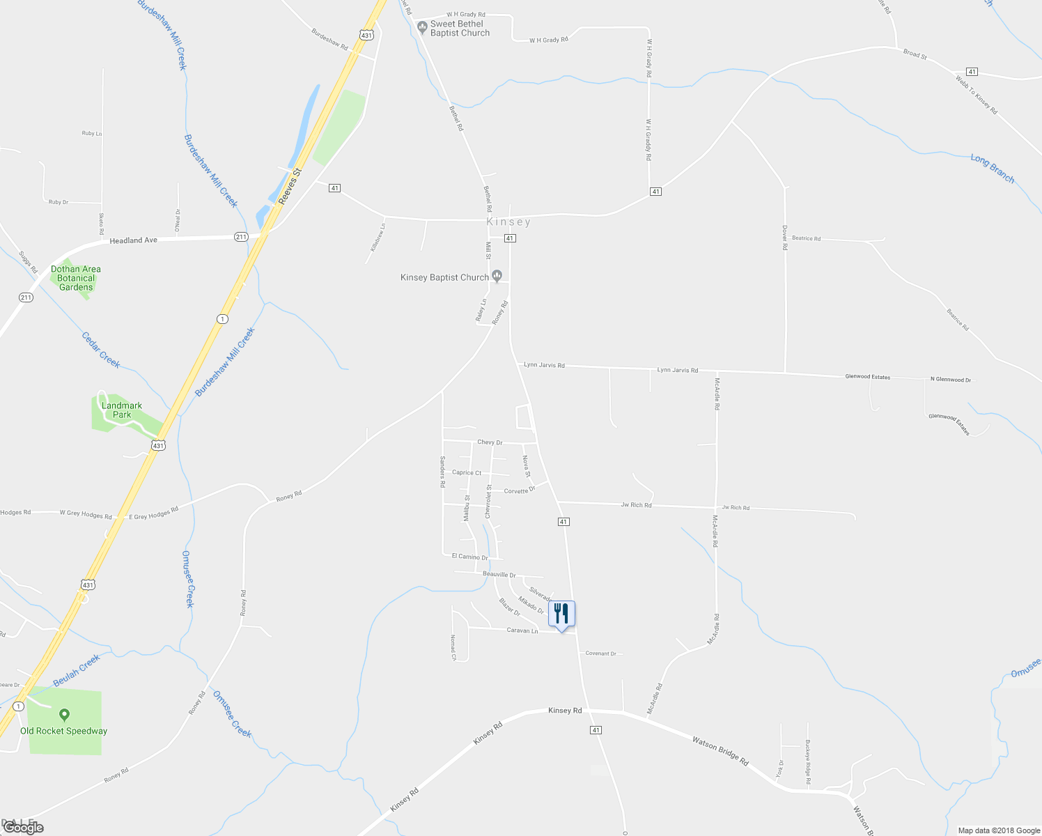 map of restaurants, bars, coffee shops, grocery stores, and more near 6225 Walden Drive in Kinsey