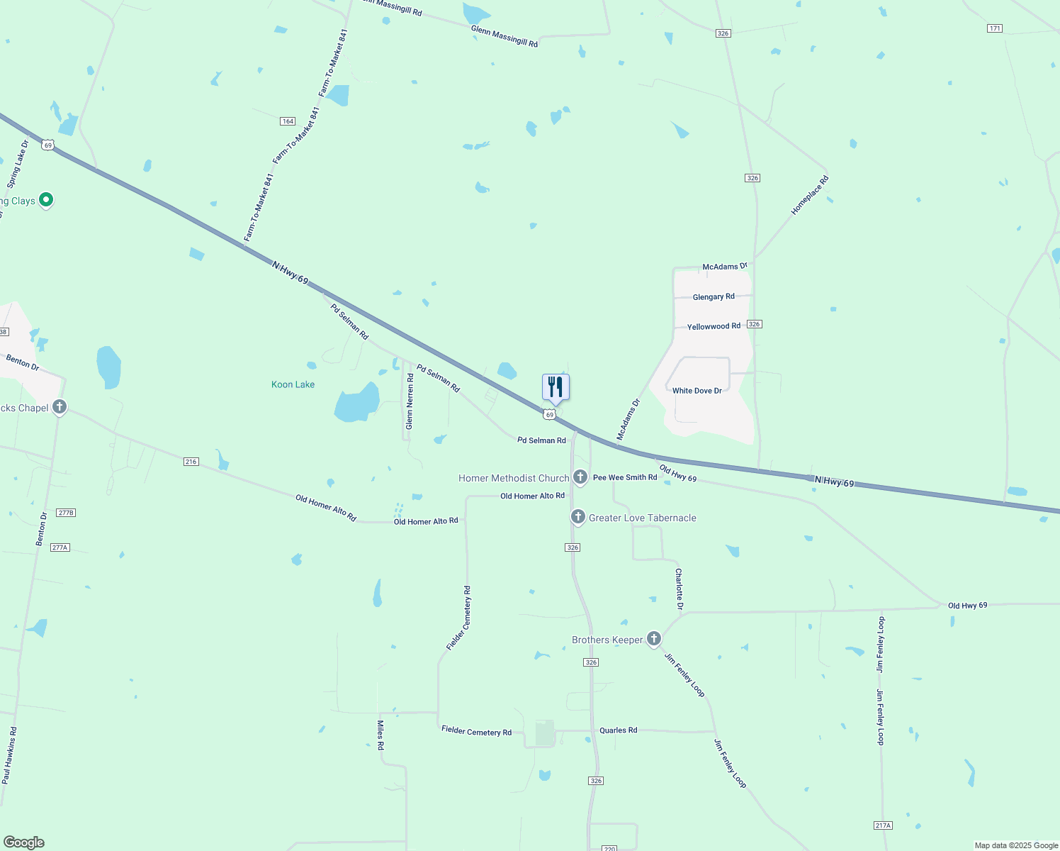 map of restaurants, bars, coffee shops, grocery stores, and more near 983 Pd Selman Road in Lufkin