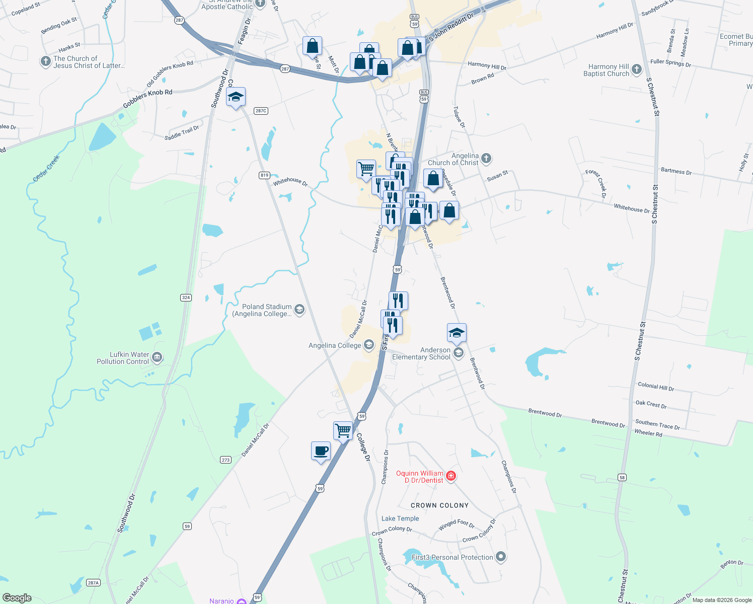map of restaurants, bars, coffee shops, grocery stores, and more near 3010 South 1st Street in Lufkin